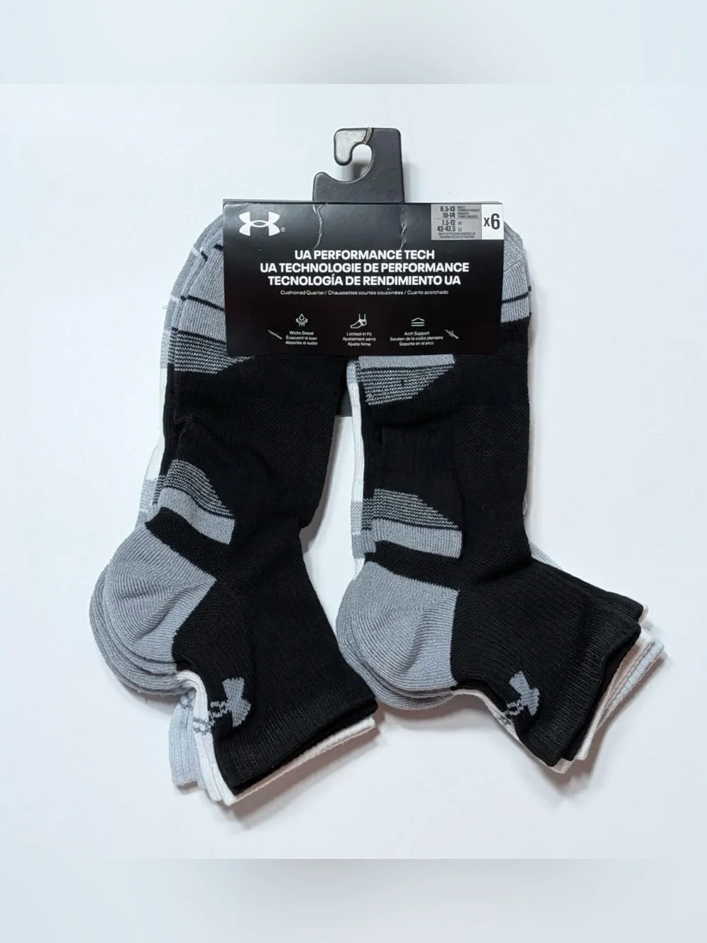 Under Armour Black White Gray Performance Socks - 6 Pack